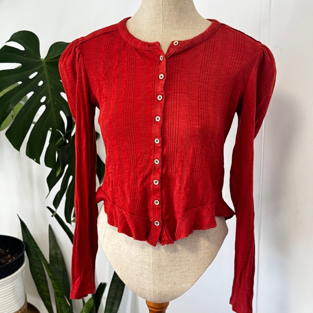 Pilcro Cardigan Women XS Rust Red Puff Shoulder Peplum Ribbed Knit Button Top